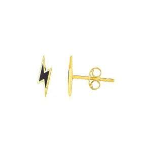 14k Yellow Gold and Enamel Black Lightning Bolt Stud Earrings