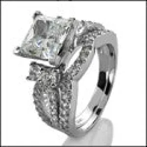 2 Carat Princess Cubic Zirconia Engagement Ring Curved Fitted Pave Set Band Matching Set 14k White Gold