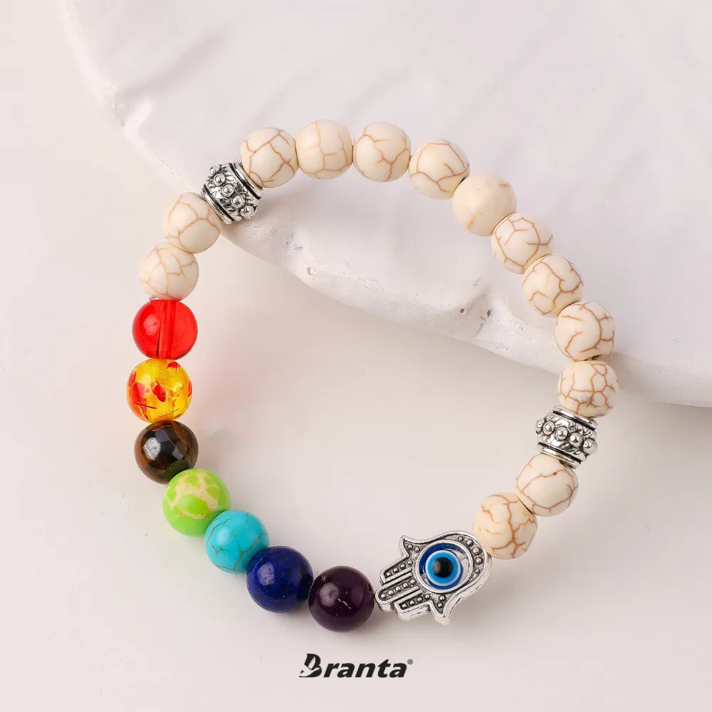 7 Chakra   Howlite White   Silver Hamsa Hand Evil Eye Bracelet For Men