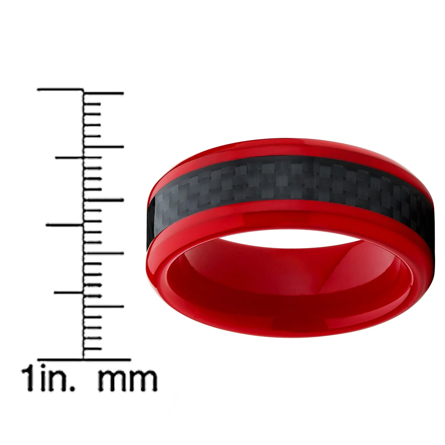 8MM Red Tungsten Ring Men's Wedding Band with Black Carbon Fiber Inlay, Comfort Fit