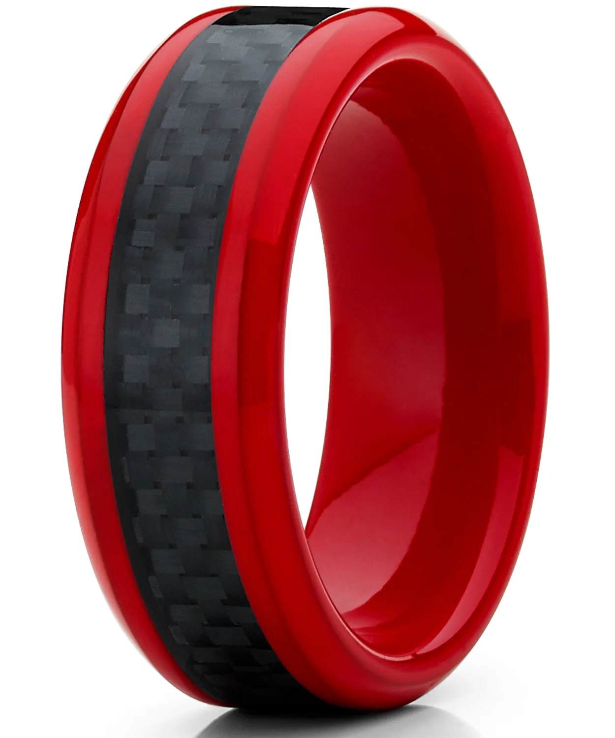 8MM Red Tungsten Ring Men's Wedding Band with Black Carbon Fiber Inlay, Comfort Fit