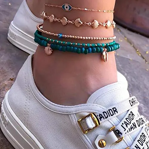 Aimimier Bohemia Evil Eye Shell Anklet Set 5Pcs Green Blue Beads Ankle Bracelet Boho Beach Jewelry for Women and Girls