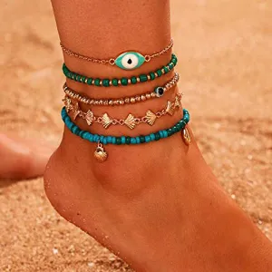 Aimimier Bohemia Evil Eye Shell Anklet Set 5Pcs Green Blue Beads Ankle Bracelet Boho Beach Jewelry for Women and Girls