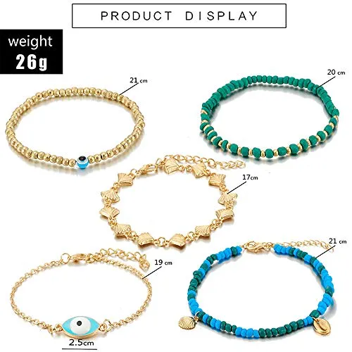 Aimimier Bohemia Evil Eye Shell Anklet Set 5Pcs Green Blue Beads Ankle Bracelet Boho Beach Jewelry for Women and Girls