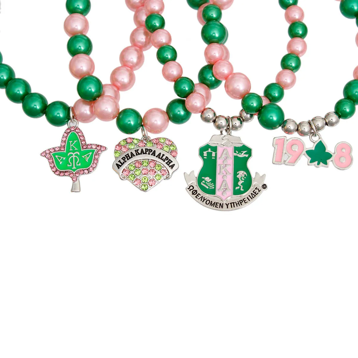 AKA Sorority Inspired with Alpha Kappa Alpha Pink Green Pearl Bracelets