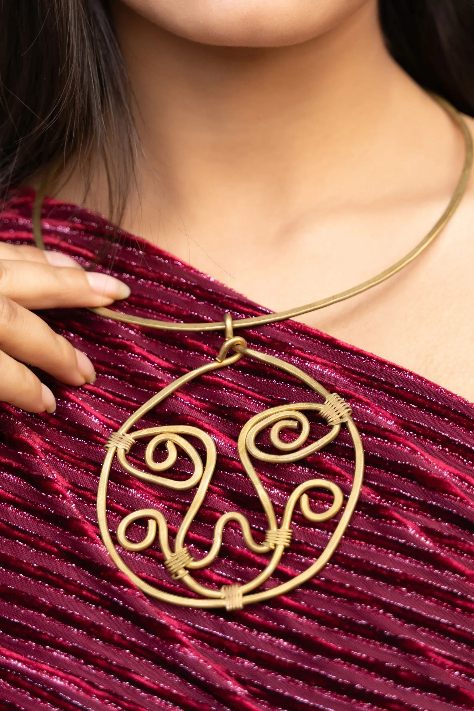 Artistic Handmade Dokra Brass Abstract Face Spiral Necklace - Unique Statement Jewelry Piece