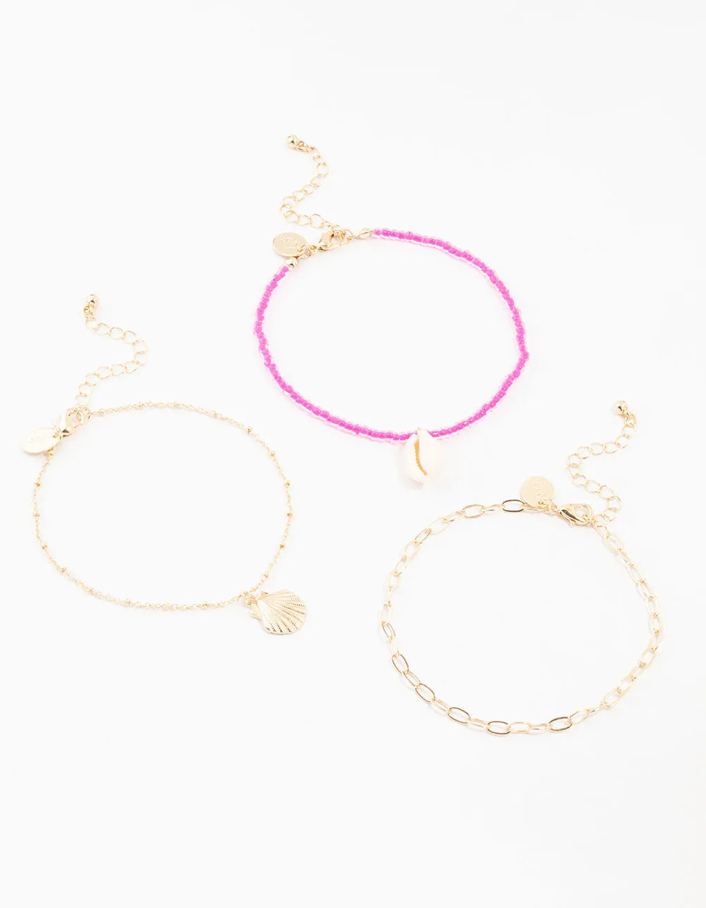 Bead & Shell Gold Anklets 3-Pack