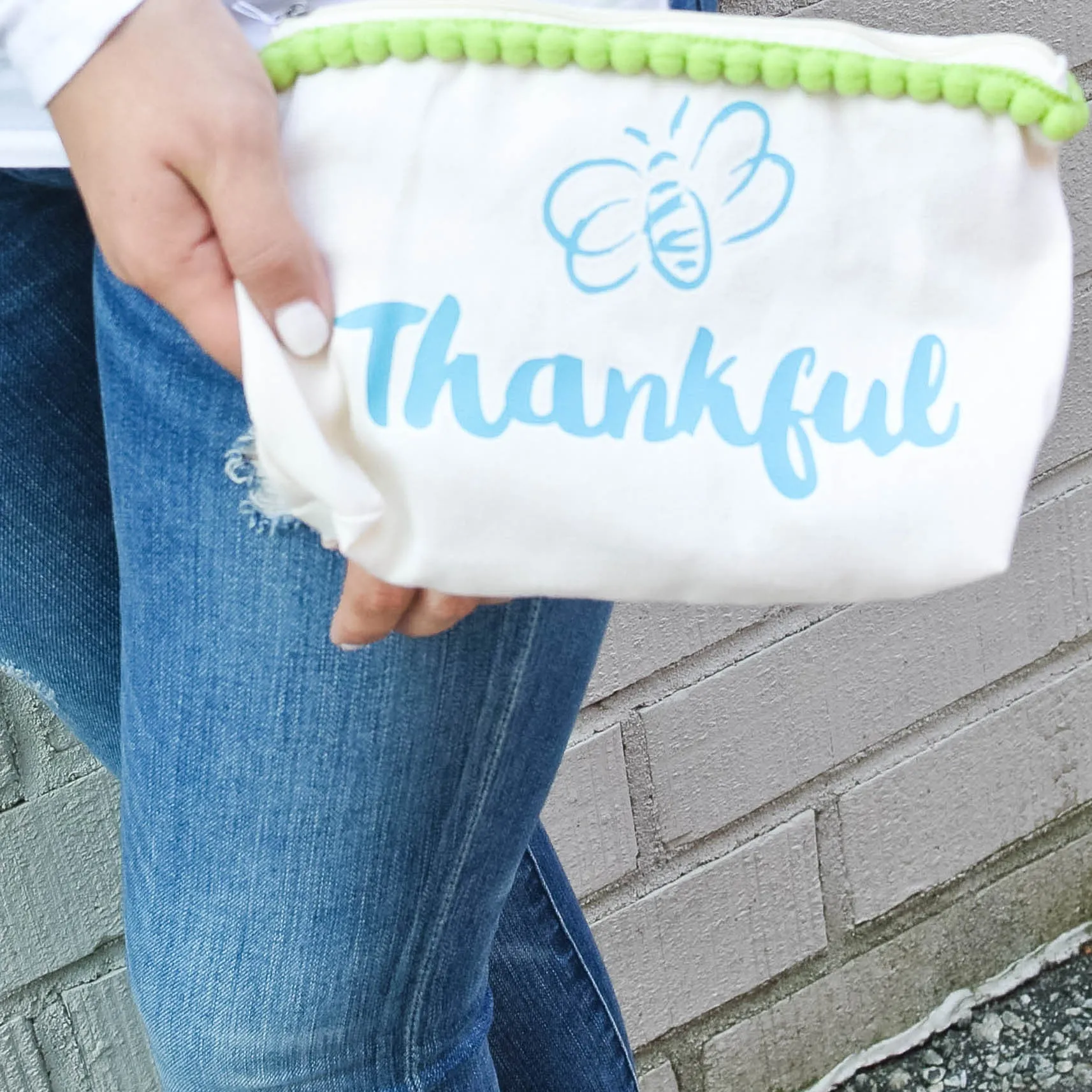 Bee Thankful Canvas Everything Bag with Pom Poms