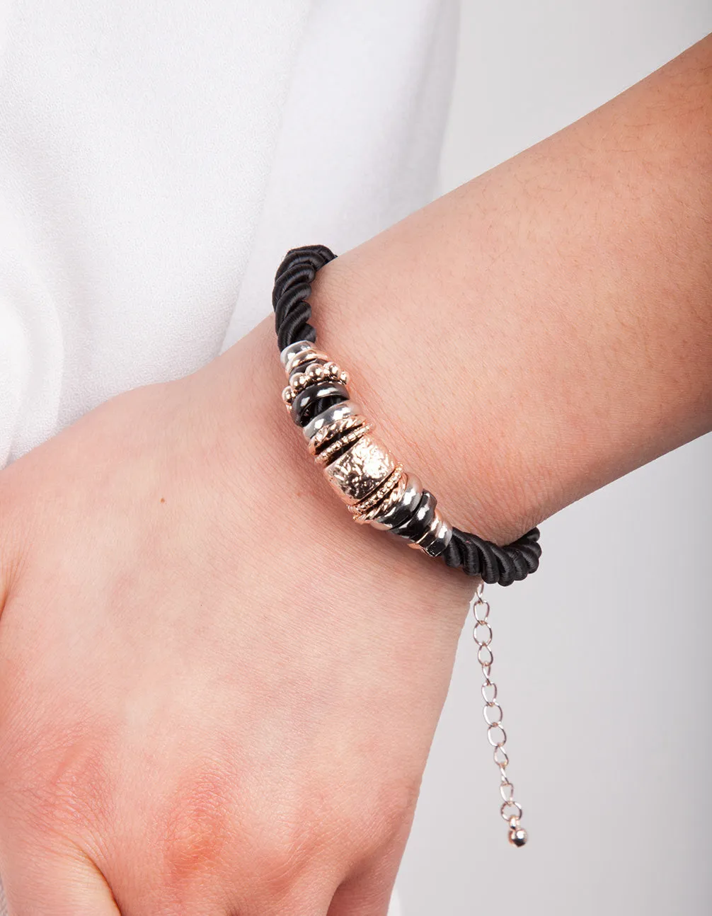 Black Mixed Metal Rope Charm Bracelet