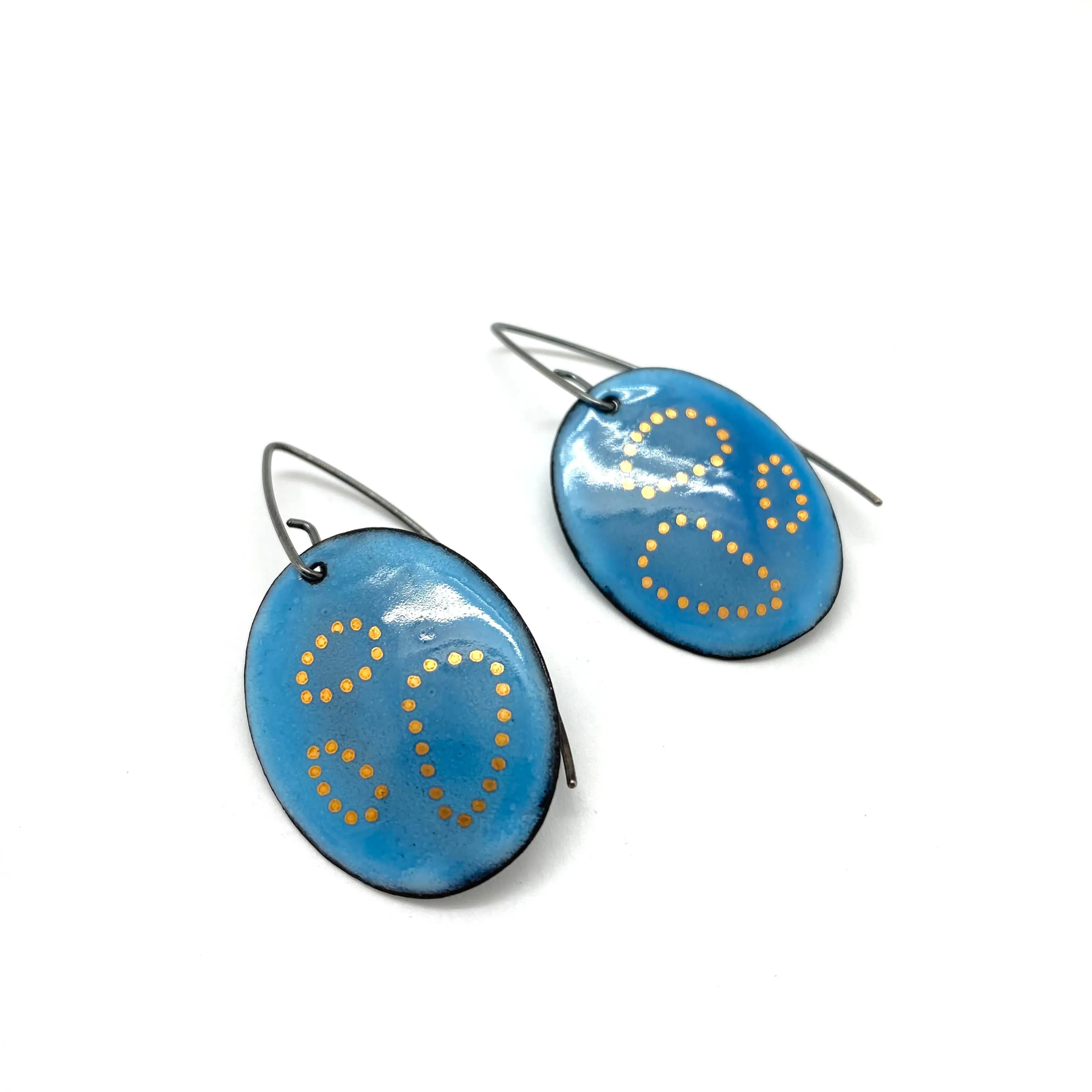 Blue Oval Gold Dot Earrings