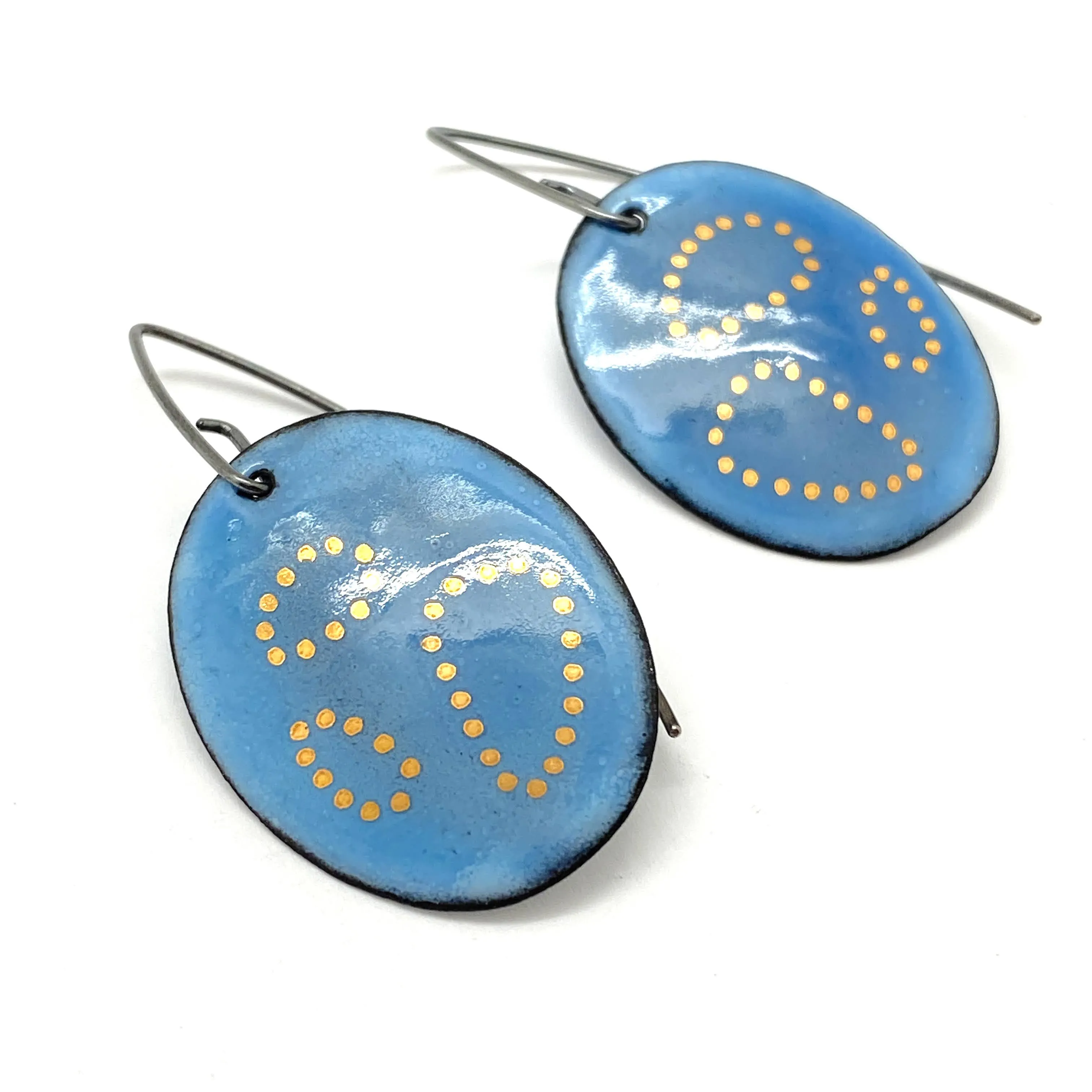 Blue Oval Gold Dot Earrings