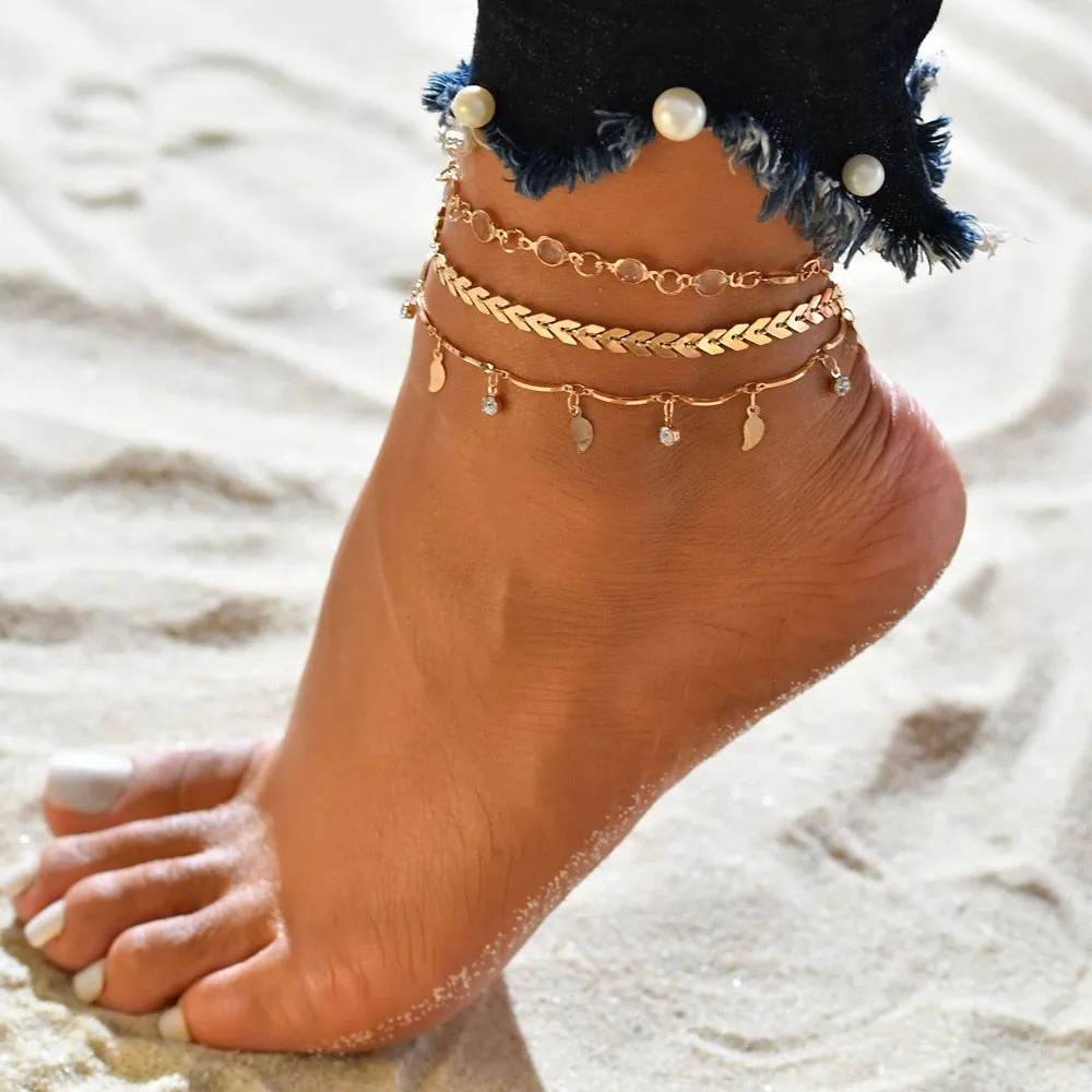 Bohemia Shell Star Chain Ankle Bracelet On Leg Foot Jewelry Boho Starfish key butterfly Charm Anklet Set For Women Accessories