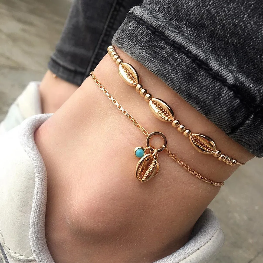 Bohemia Shell Star Chain Ankle Bracelet On Leg Foot Jewelry Boho Starfish key butterfly Charm Anklet Set For Women Accessories