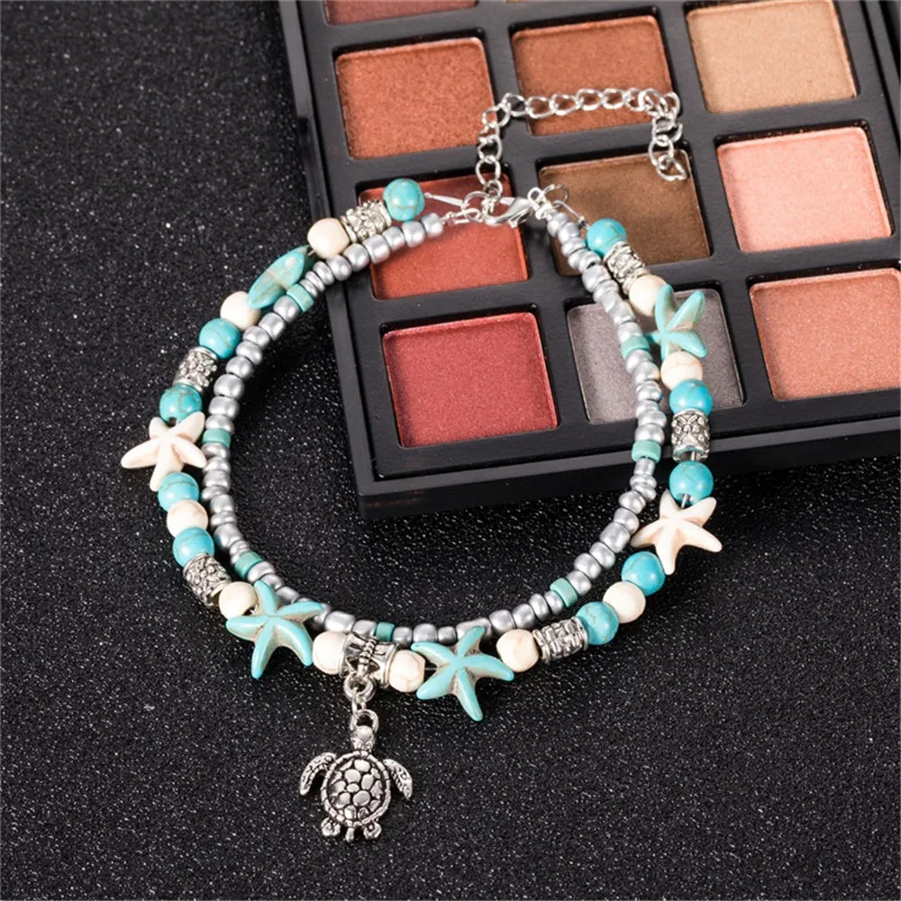 Bohemian Multi Layer Starfish Turtle Beads Anklets For Women