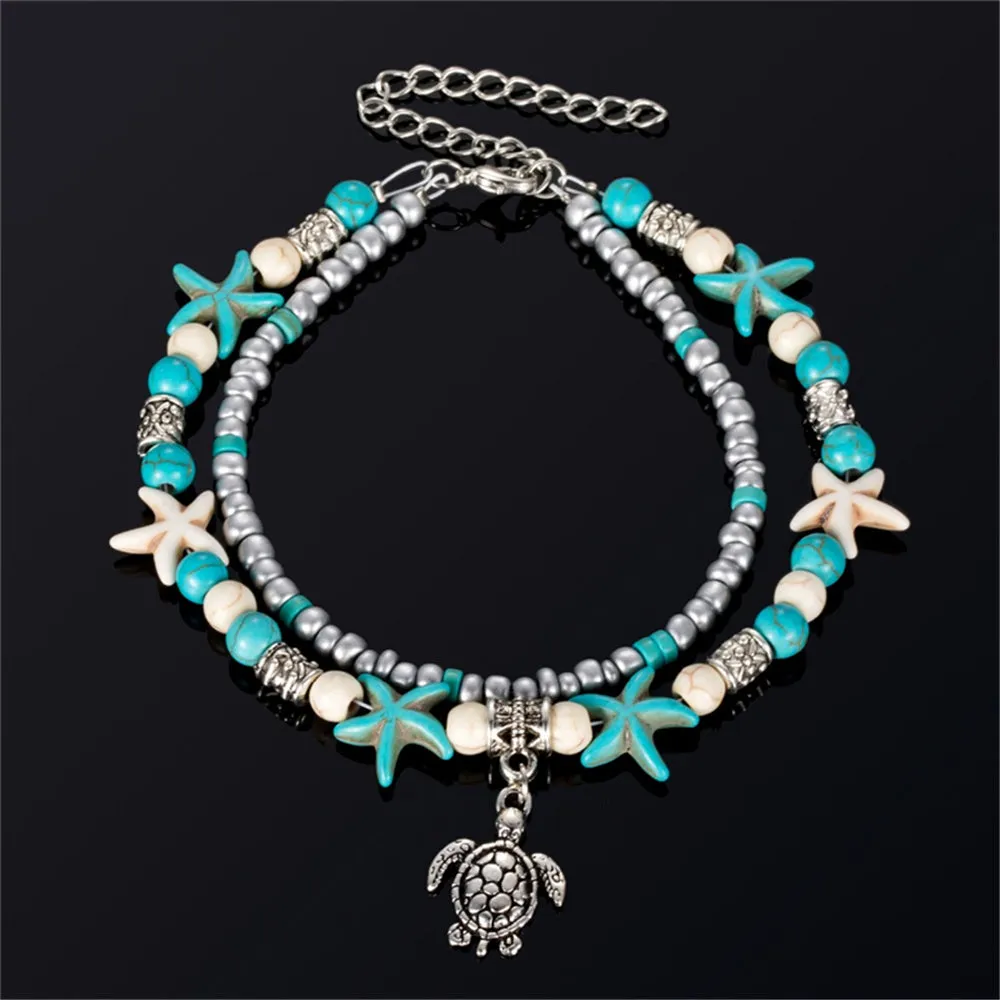 Bohemian Multi Layer Starfish Turtle Beads Anklets For Women