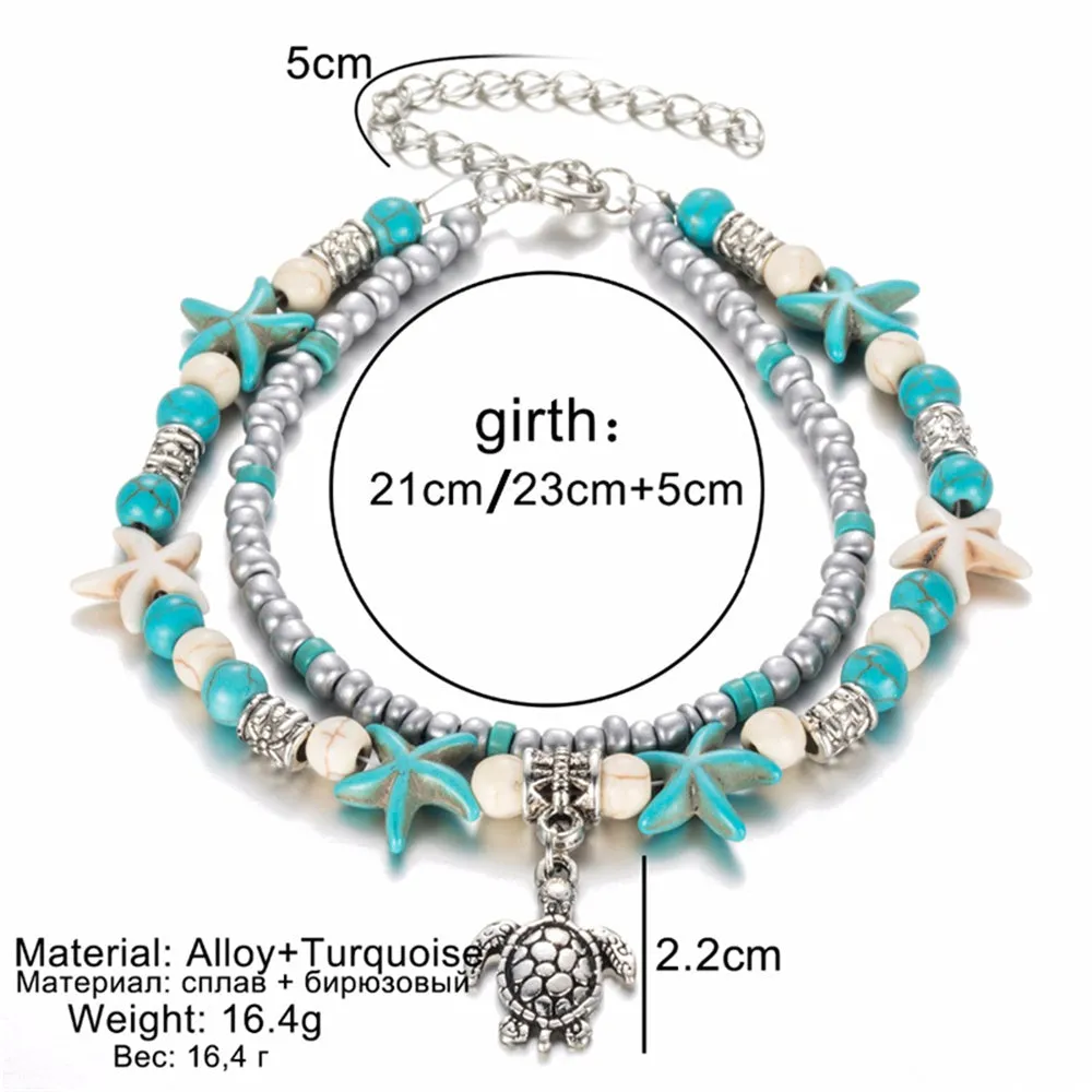 Bohemian Multi Layer Starfish Turtle Beads Anklets For Women