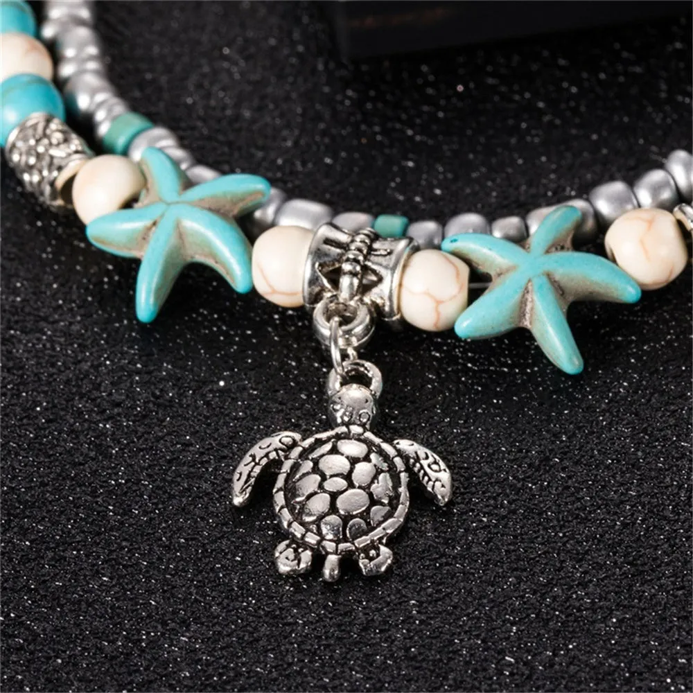 Bohemian Multi Layer Starfish Turtle Beads Anklets For Women