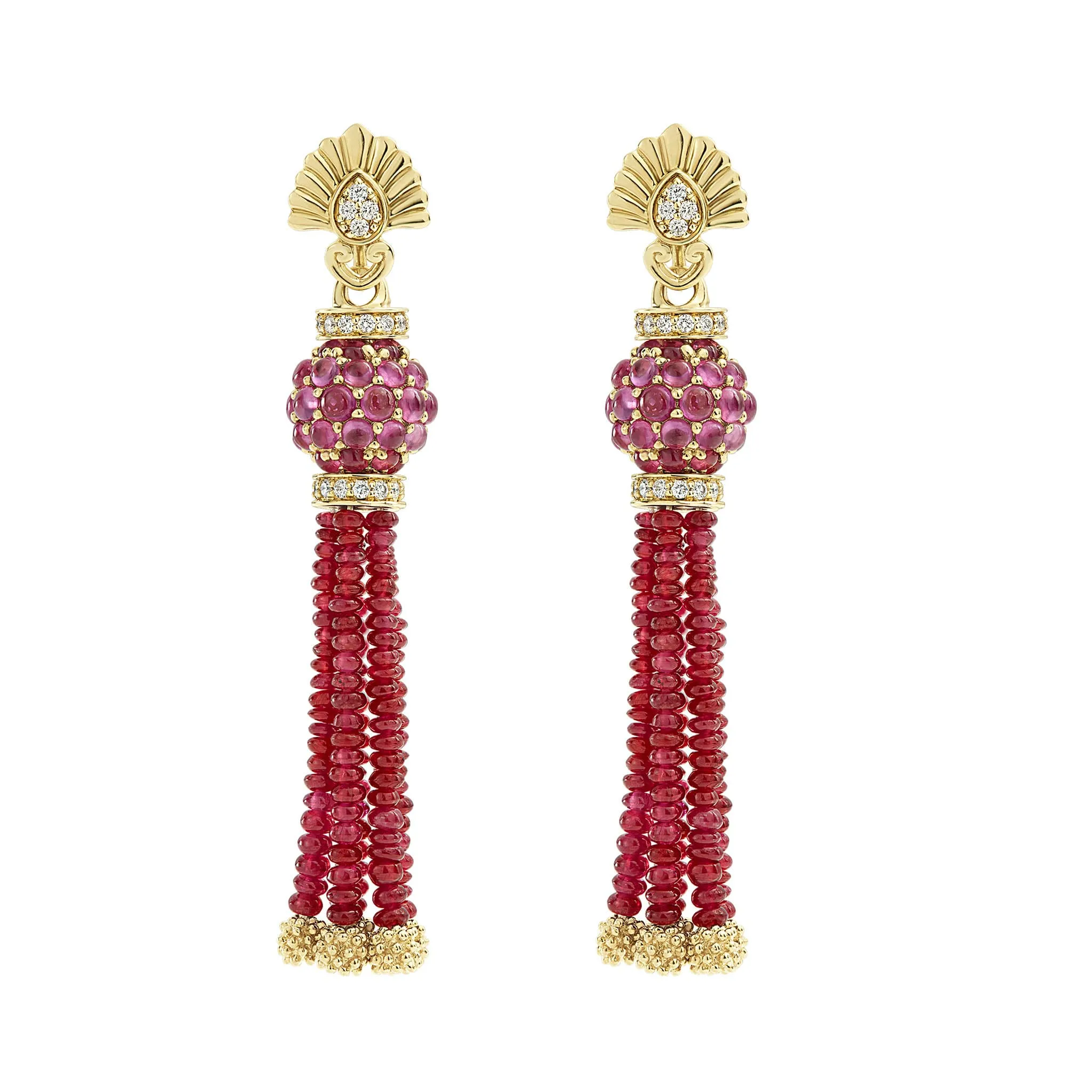 Caviar Gold Ruby and Diamond Tassel Drop Earrings