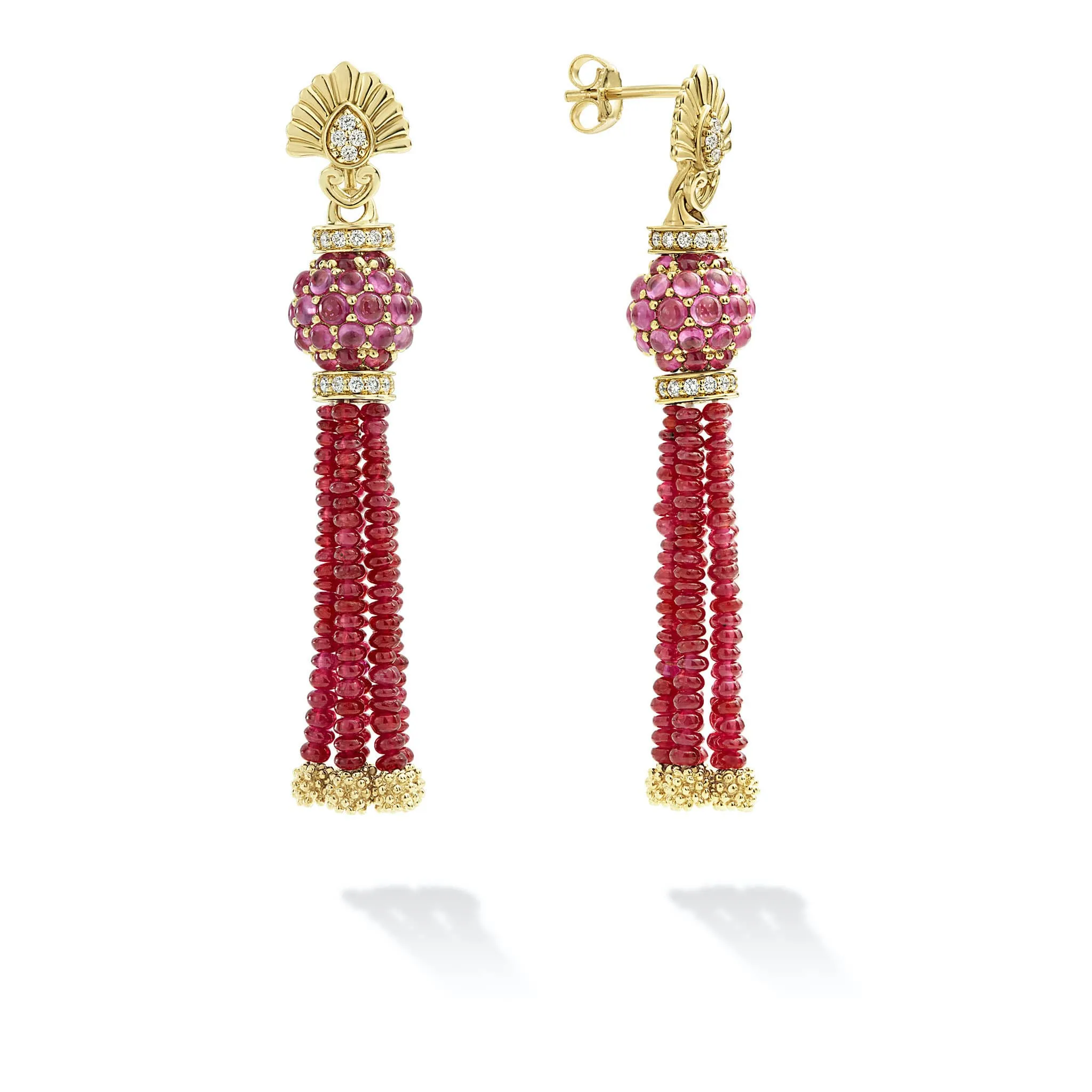 Caviar Gold Ruby and Diamond Tassel Drop Earrings