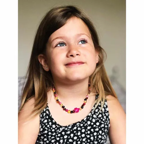 Childs Shelly Turtle Pink Jasper and Polished Rainbow Mixed Baltic Amber Necklace