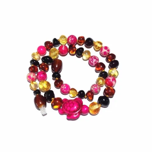 Childs Shelly Turtle Pink Jasper and Polished Rainbow Mixed Baltic Amber Necklace