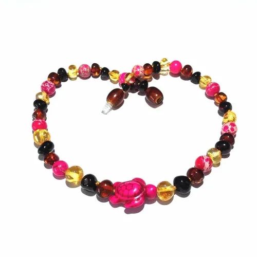 Childs Shelly Turtle Pink Jasper and Polished Rainbow Mixed Baltic Amber Necklace