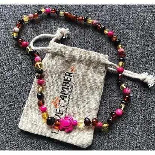 Childs Shelly Turtle Pink Jasper and Polished Rainbow Mixed Baltic Amber Necklace