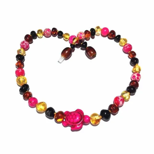 Childs Shelly Turtle Pink Jasper and Polished Rainbow Mixed Baltic Amber Necklace