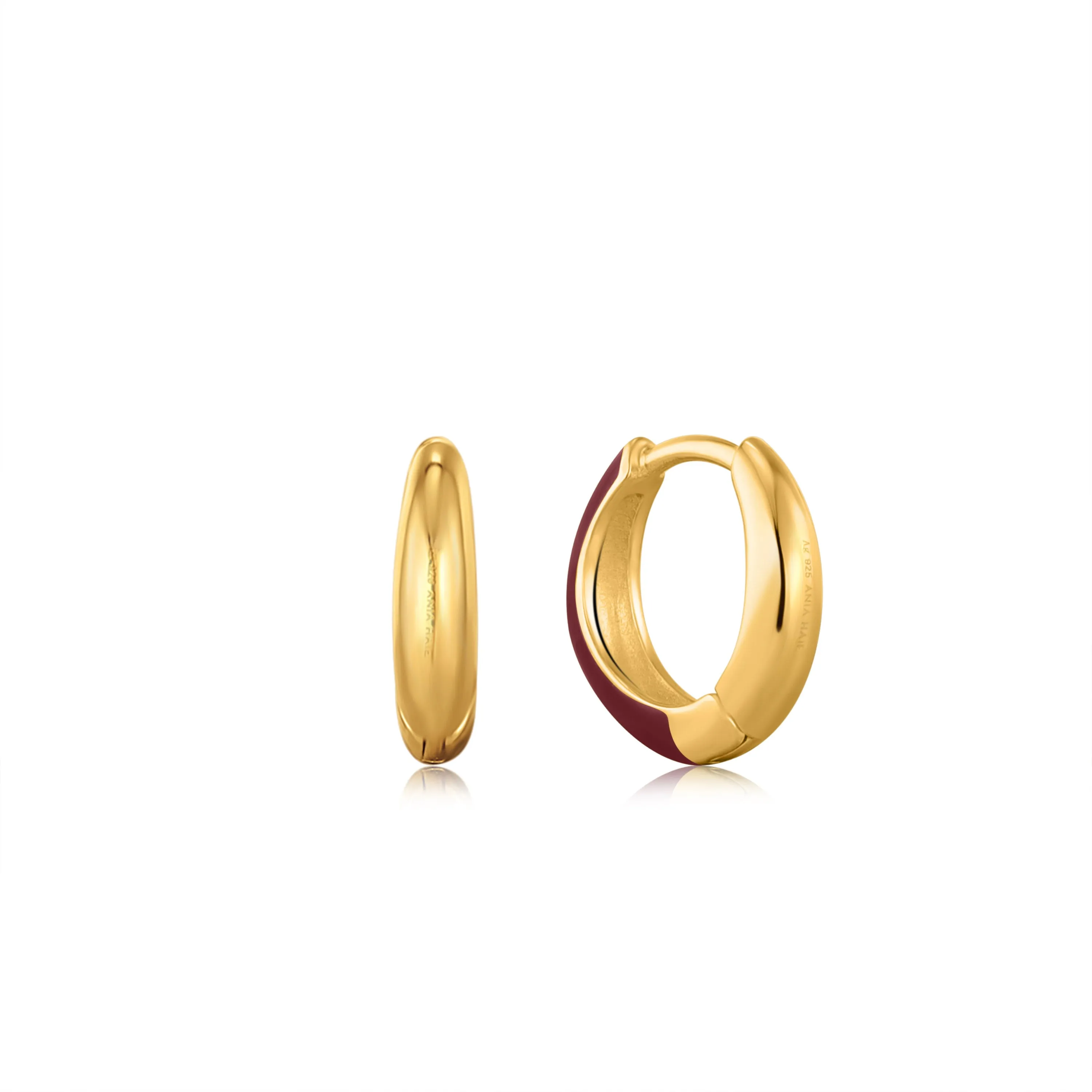 Claret Red Enamel Gold Sleek Huggie Hoop Earrings