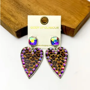 Cork Leopard Print Heart Earrings with an AB Stone Border