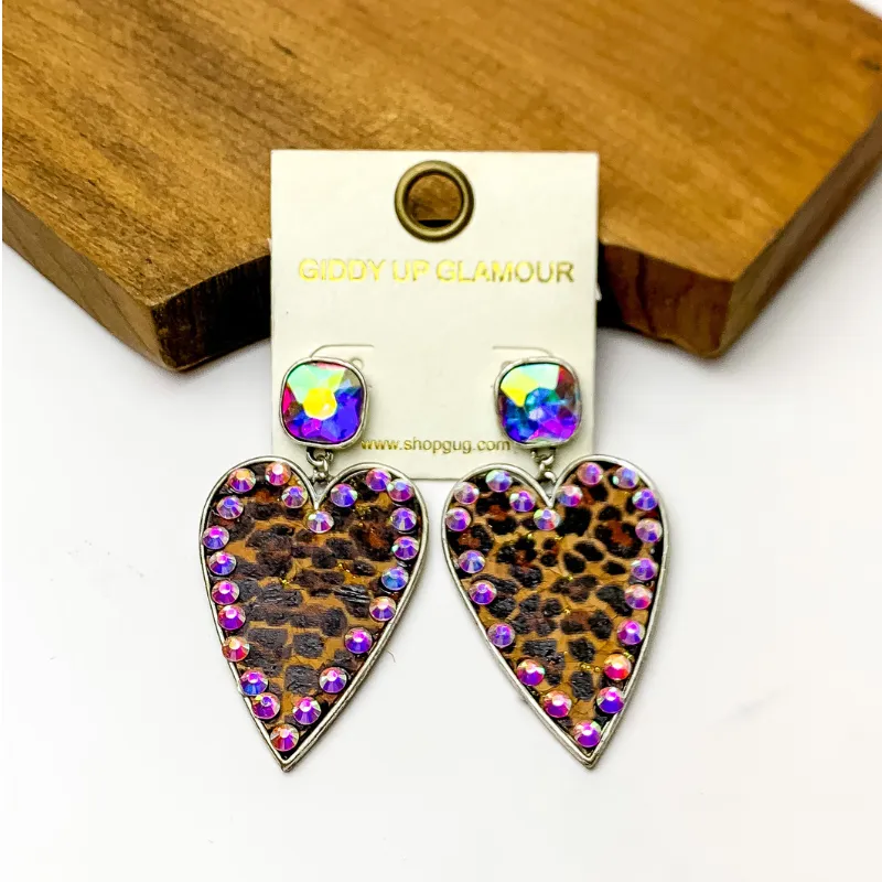 Cork Leopard Print Heart Earrings with an AB Stone Border