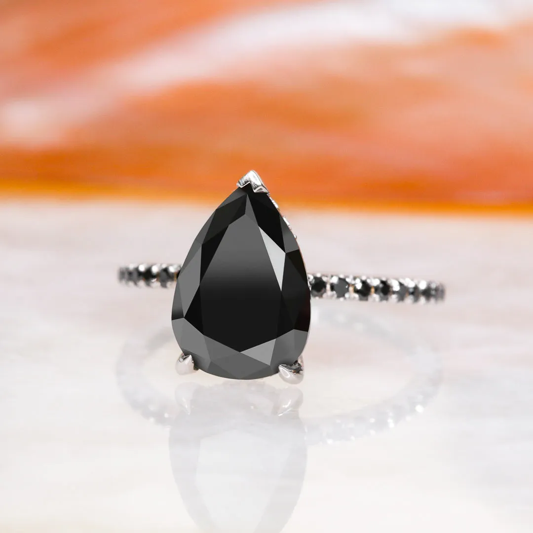 Dark Forest Alternative Natural Black Diamond Pear Cut Engagement Ring