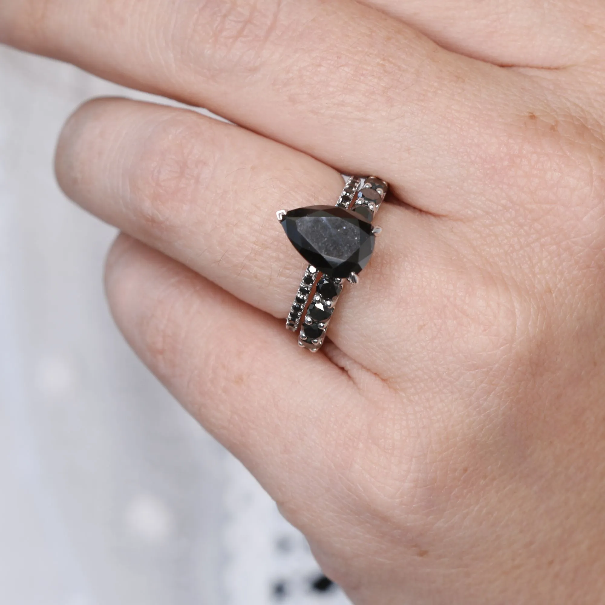 Dark Forest Alternative Natural Black Diamond Pear Cut Engagement Ring