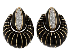 David Webb Black Enamel, Gold and Diamond Earrings