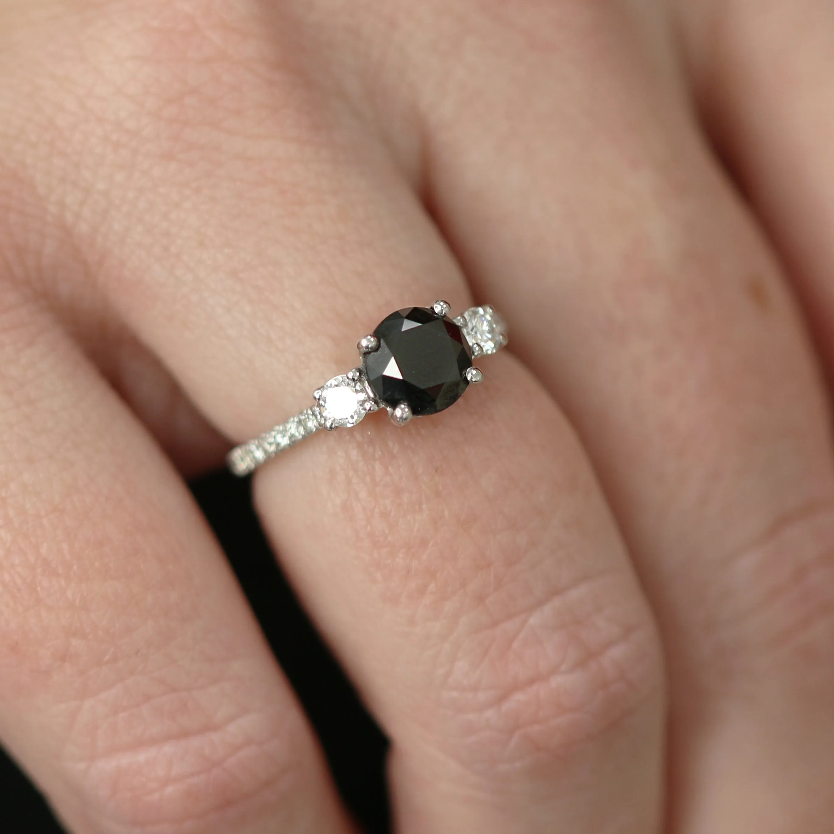 Ebony  Unique  Natural Black Diamond Round Engagement Ring