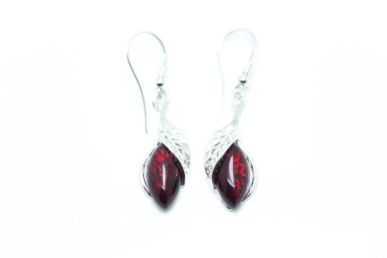 Elegant Cherry Red Dangle Earrings | Baltic Amber & Sterling Silver | Modern Design