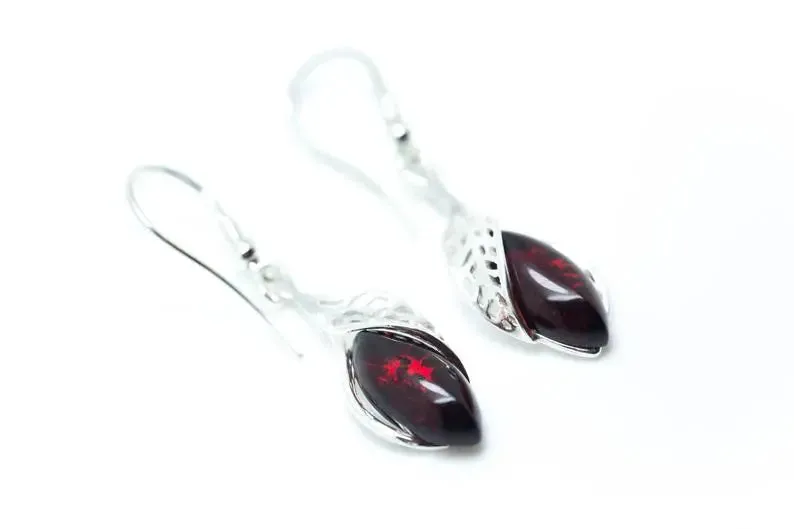 Elegant Cherry Red Dangle Earrings | Baltic Amber & Sterling Silver | Modern Design