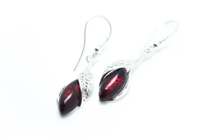 Elegant Cherry Red Dangle Earrings | Baltic Amber & Sterling Silver | Modern Design