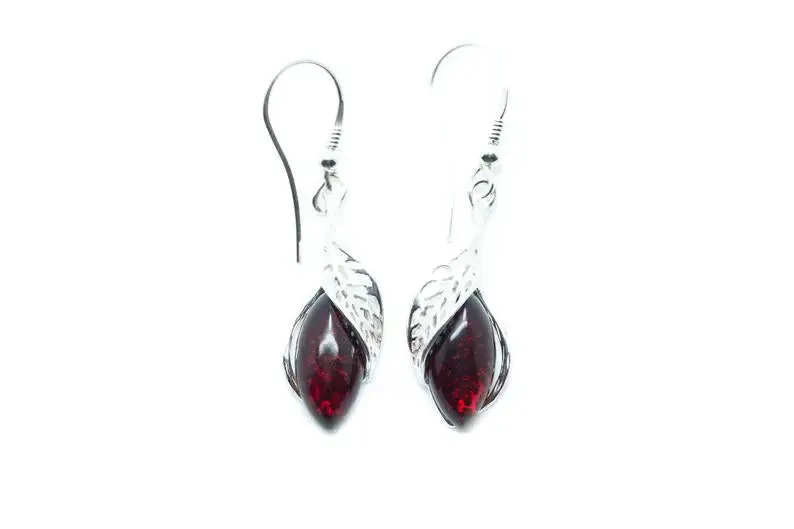 Elegant Cherry Red Dangle Earrings | Baltic Amber & Sterling Silver | Modern Design