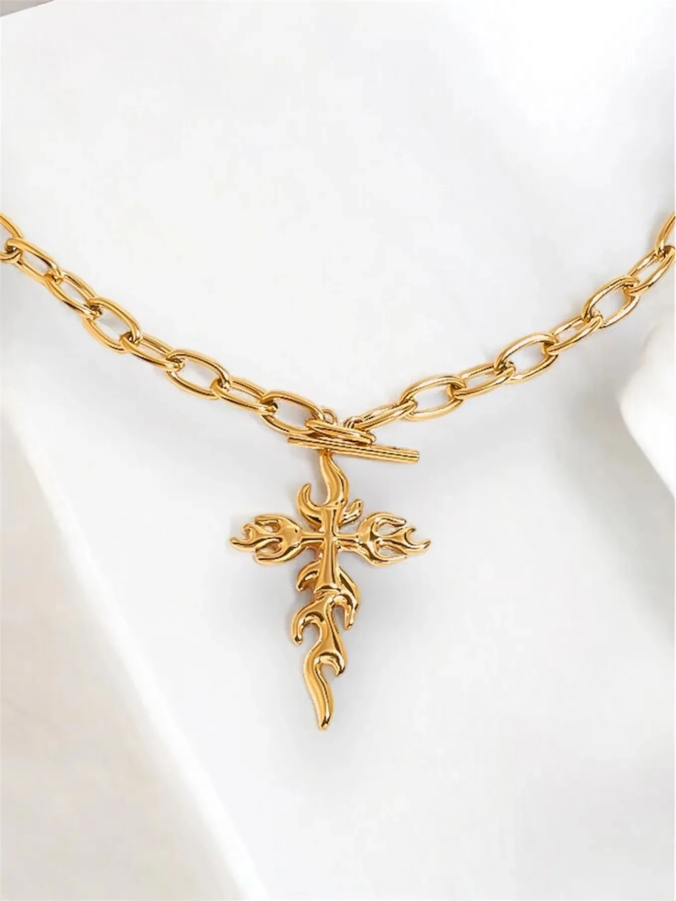 Flaming Cross Charm Oval-Link Necklace