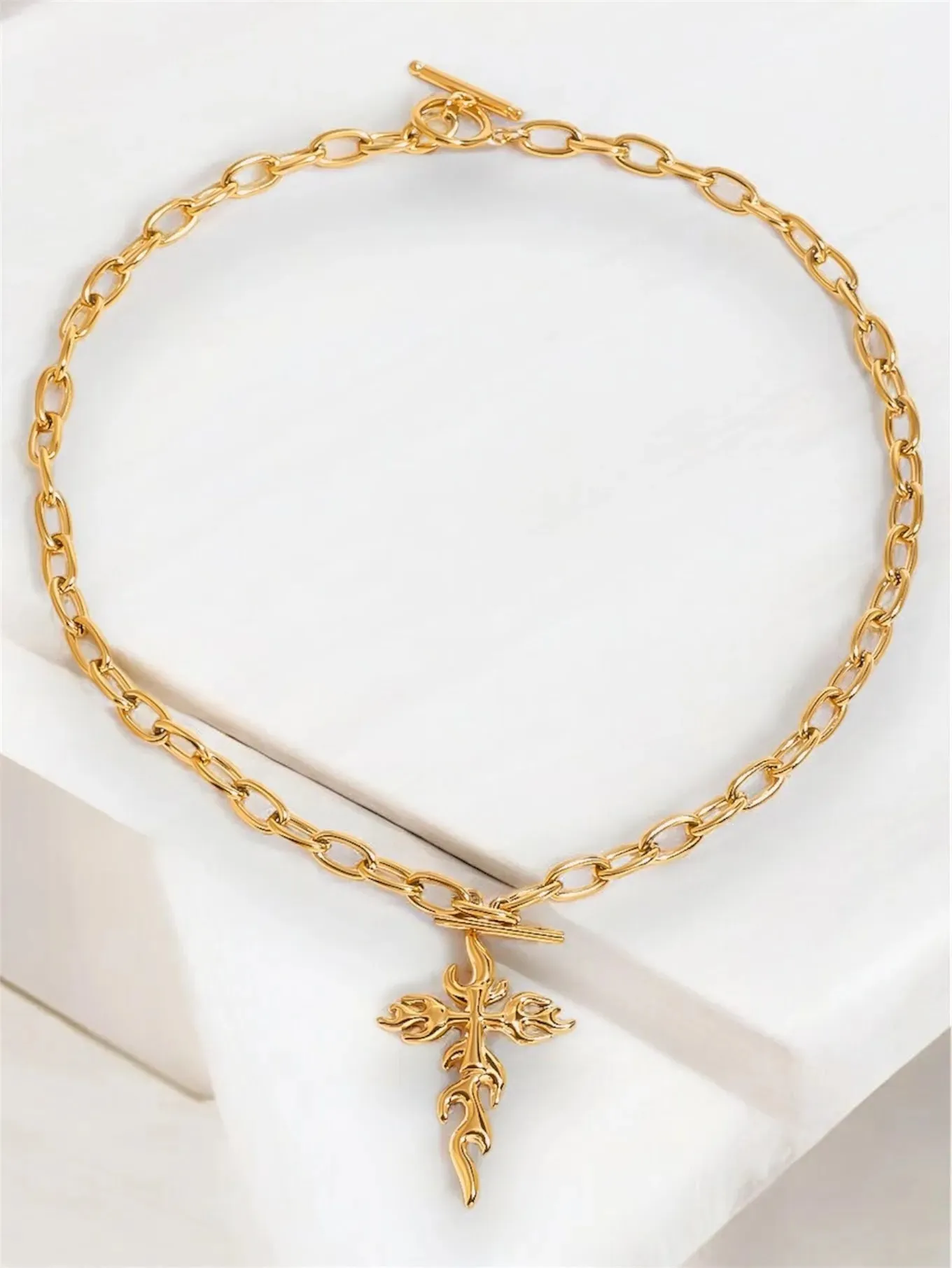 Flaming Cross Charm Oval-Link Necklace