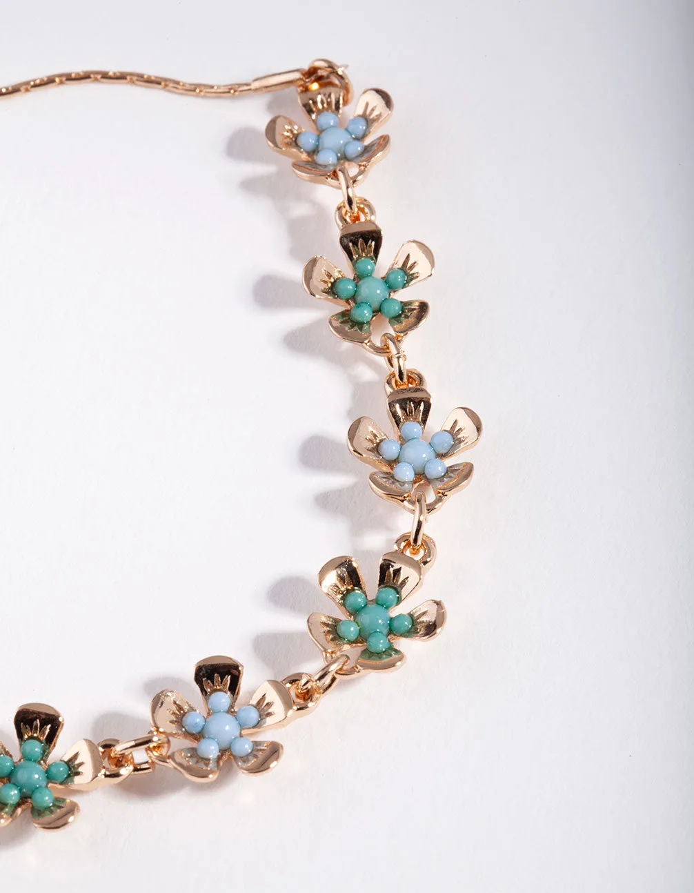 Gold Blue Bead Floral Bracelet