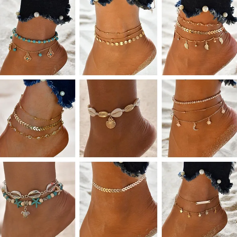 Gold Metal Shell Coconut Tree Ladies Anklets Bracelets