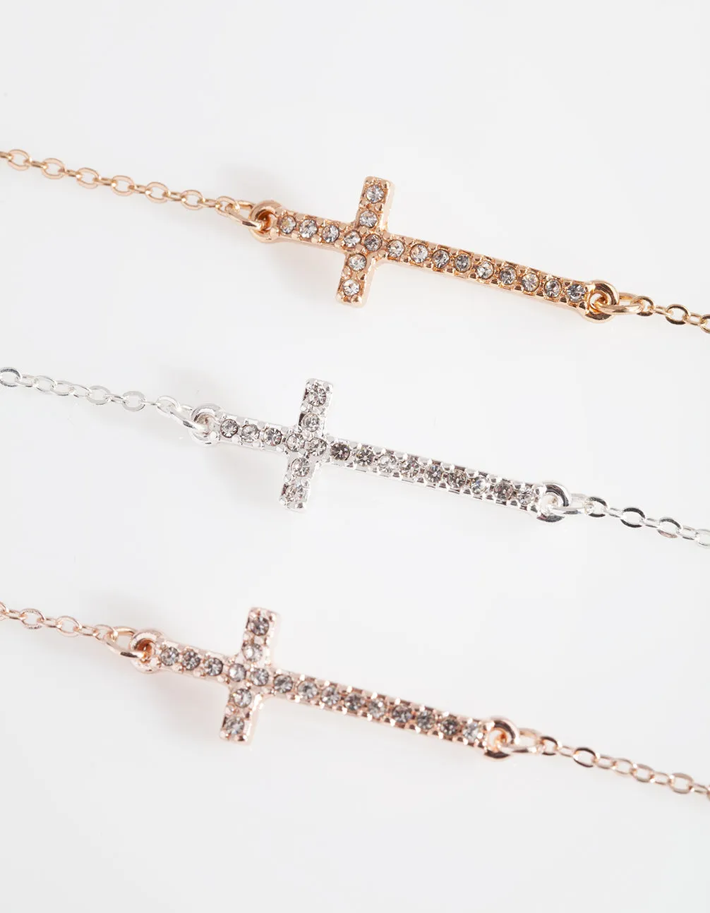 Gold, Silver and Rose Gold Diamante Cross Bracelet 3 Pack