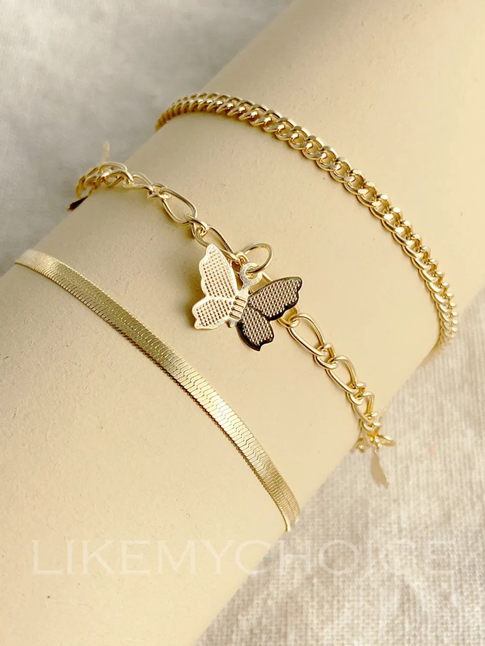 Goldtone Butterfly Station Anklet Set