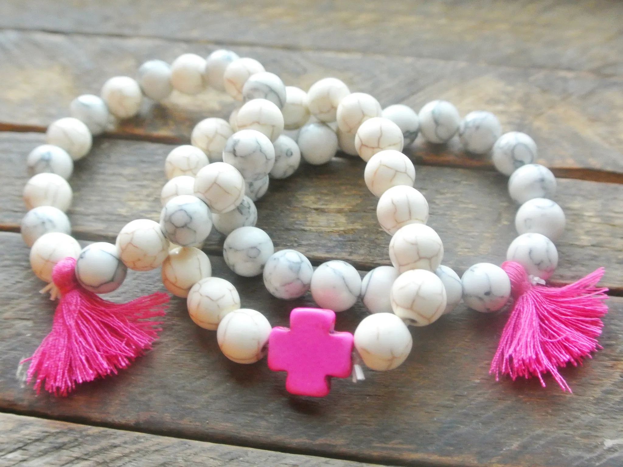 Hot Pink and Ivory Cross Bracelets with Tassels