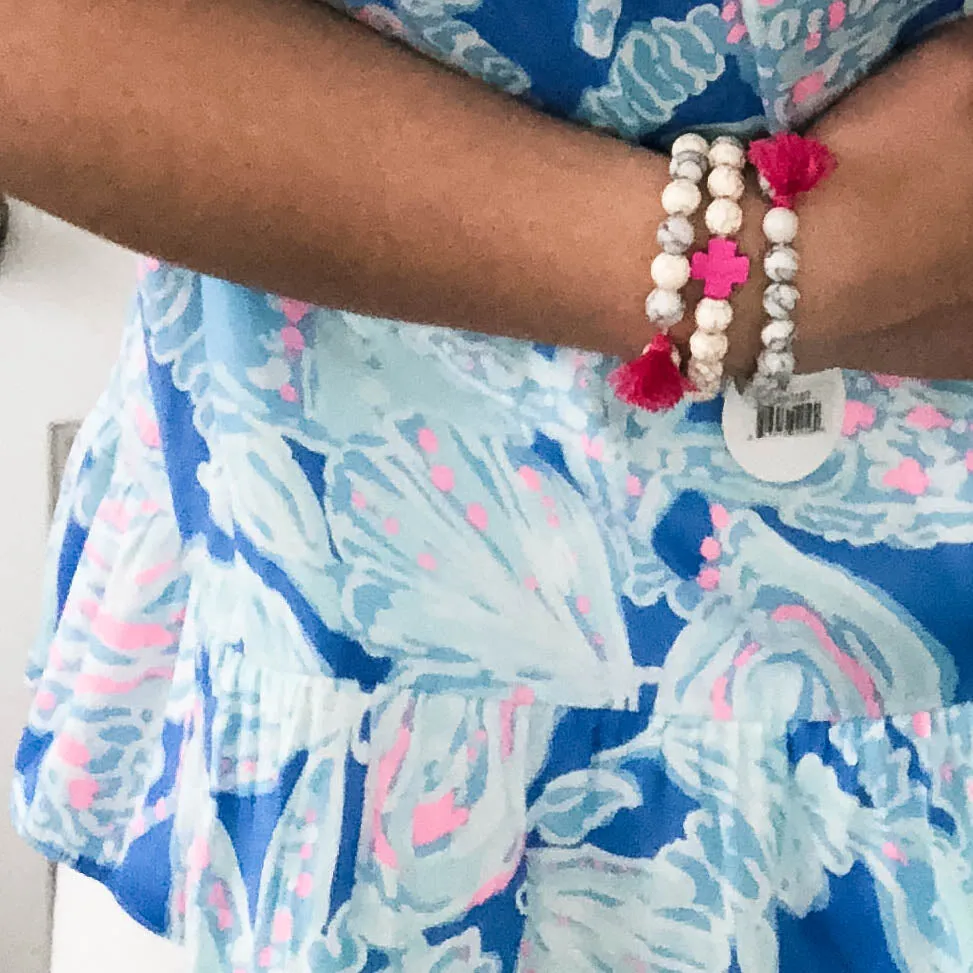 Hot Pink and Ivory Cross Bracelets with Tassels