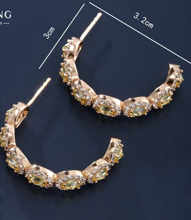 Jewelry Colorful Series Oval Artificial Gemstone C-shaped Earrings for Women European and American Fashion High-end Full Diamond Earrings