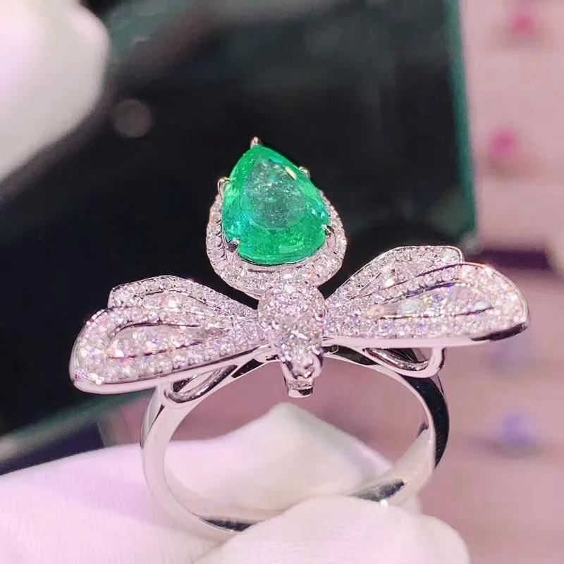 Micro Pave Butterfly Cocktail Ring with Green Water Drop Zircon in 925 Sterling Silver