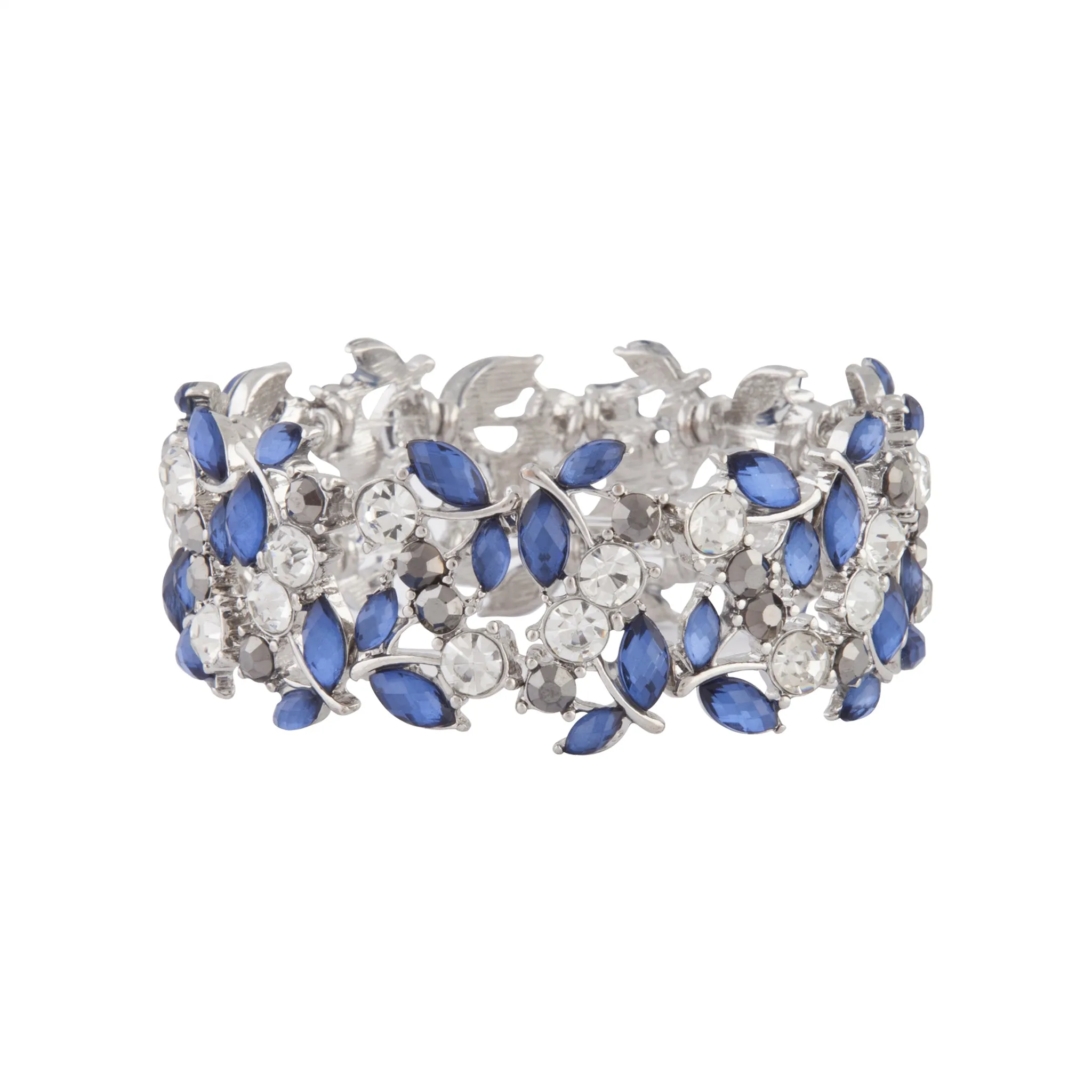 Midnight Blue Rhodium Diamante Leaf Bracelet